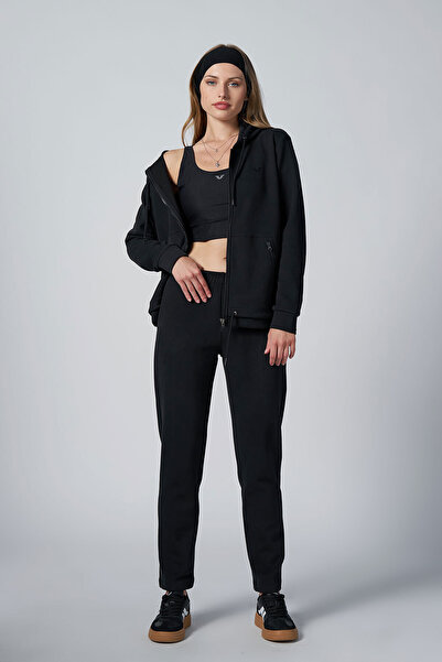 bilcee Women's Black Fashion Soft Textured Brushed Hooded Sweatshirt Set 4037