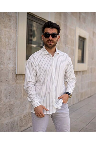 Butik Erkek Çizgili Krep Kumaş Uzun Kollu Gömlek - Rahat Kalıp