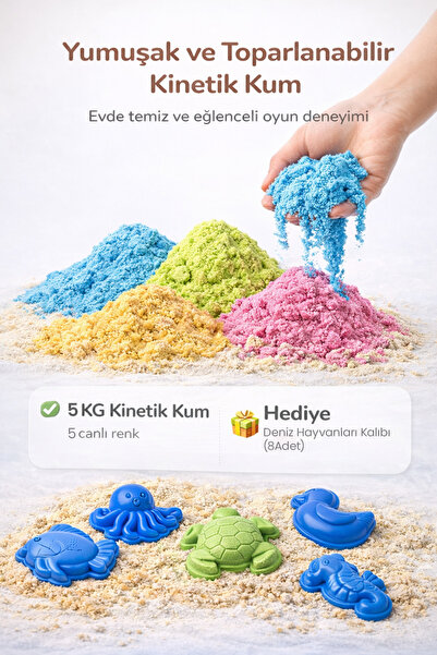Kinetic Sand 5 KG Kinetik Kum 5 Renk ve 8 Adet Kum Kalıbı - Eğitici ve Öğretici Oyun Kumu Seti