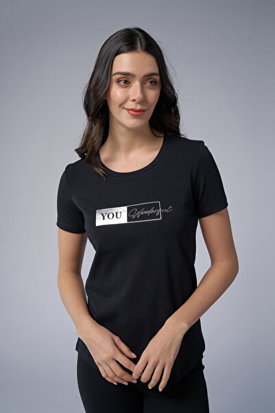 bilcee Black Front Printed and Stone Women's T-Shirt 4069