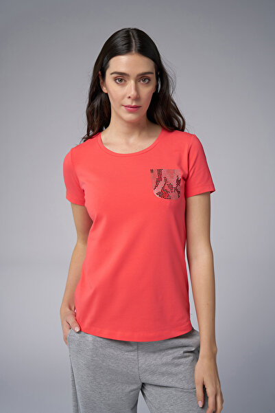 bilcee Kadın Kamelya Cep Taş Baskılı Tişört  4077