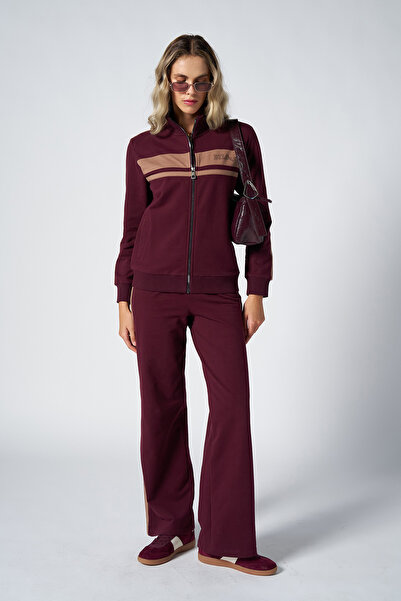 bilcee Women's Burgundy Fashion Soft Textured Striped Tracksuit Set 4565
