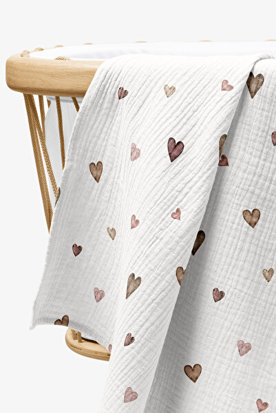 fevale 4 Kat Müslin Örtü - Kahverengi Kalp Desenli Bebek Battaniyesi - Dört K...