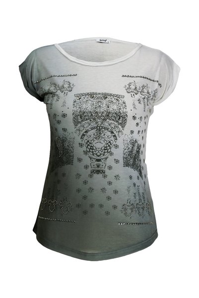 Erimeks Tricou transparent cu mânecă scurtă pentru femei, cu pietre strălucitoare