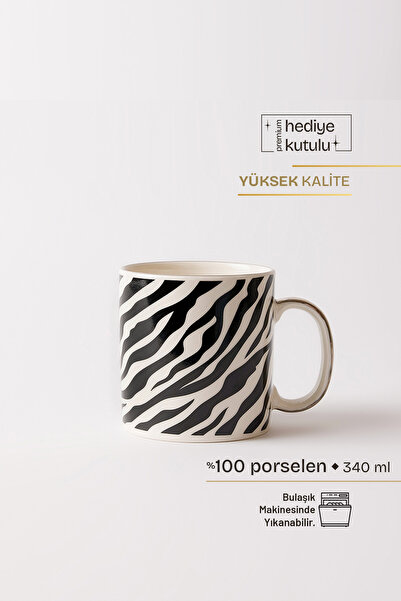 TUSE LIVING Zebras Desenli Porselen Kupa 340 ml - Siyah Beyaz