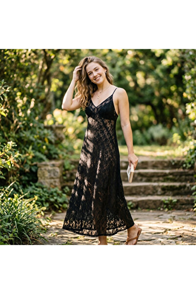 BONBON Kadın Tam Dantel Siyah Kombinezon Elbise BB2181