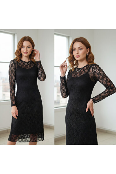BONBON Women's Full Lace Long Sleeve Finger Interlock Black Color Dress Bb2294