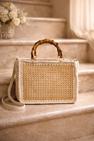 Luminos Butik El Yapımı Rattan Örgü Çanta – Bambu Kulplu Doğal Yazlık Model 2...