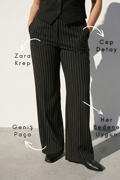 şuranur Pantaloni cu șireturi din țesătură creponată cu dungi de mărime mare