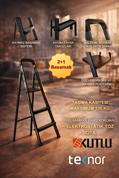 Genel Markalar Kutlu Dayanıklı 2+1 Metal Basamaklı Merdiven
