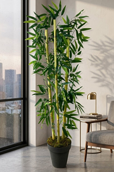 Cihan Çiçekçilik Yapay Yapraklı Bambu Ağacı 3 Bambulu 110 Cm Antrasit Saksı