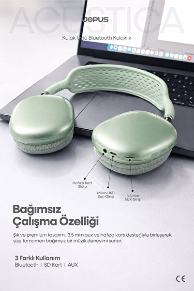 Jopus Bluetooth Kulaklık iOS Android Uyumlu Yüksek Ses Kalitesi Mikrofonlu Kulaklık Acustica Yeşil