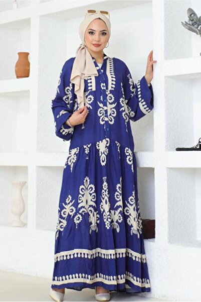TRENDTESETTÜR KADIN LACİVERT (İNDİGO) DESENLİ VİSKON ELBİSE T 4654