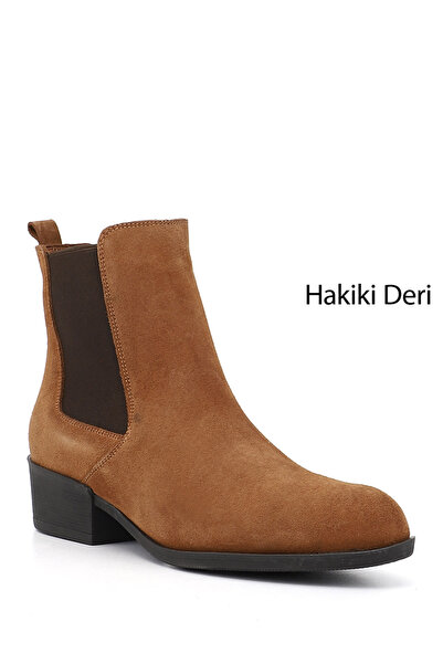 GÖNDERİ(R) حذاء نسائي/بنات من جلد الغزال البني بسحاب وكعب سميك من الجلد الطبيعي