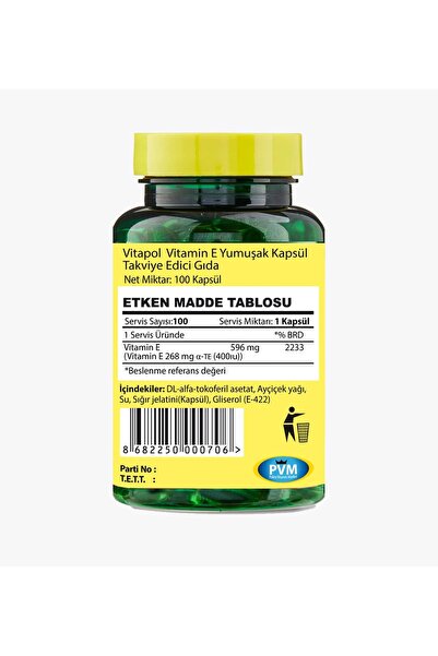 Vitapol E Vitamini 100 Kapsül Vitamin E 400ıu