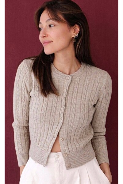 Butik Una Fiaba - Cardigan tricotat pentru femei, cu nasturi, culoare bej