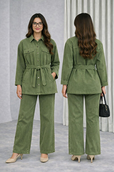 deniva جينز نسائي واسع الساق ( دنيم ) باللون الأخضر مع حزام