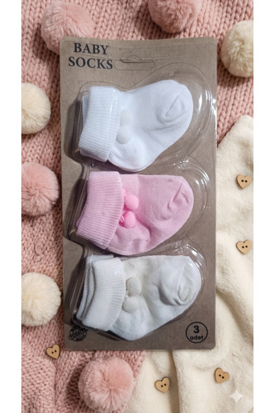 Akface 3 Pairs of Pompom Baby Girl Socks 0-6 Months