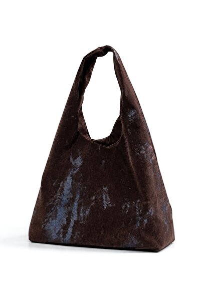 Puledro KADIN HOBO BAG OMUZ ÇANTASI DESENLİ SÜET KOT ÇANTA KAHVERENGİ