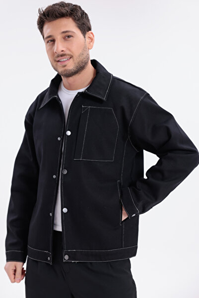freemen Men's Black Seam Detail Oversized Gabardine Transitional Jackets & Coats