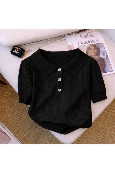 nathia outdoors siyah Triko Örme Gümüş Gri Düğme Detaylı Kadın T-Shirt