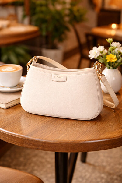 torime Peluş Baget Kadın Bej Çanta - Çapraz Kullanım, Fermuarlı ve Astarlı