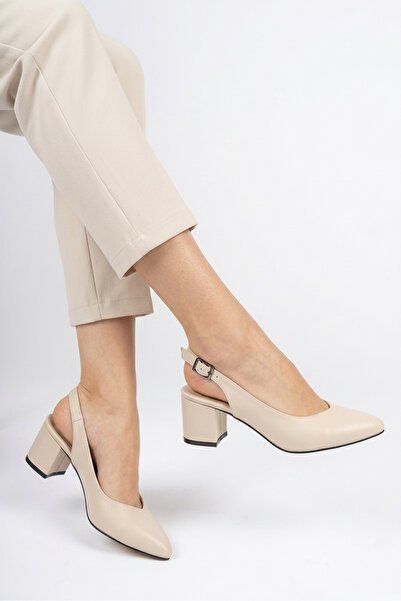 YASEMİN حذاء نسائي جلد بيج بإبزيم مفتوح من الخلف وكعب سميك 6 سم - Fleur