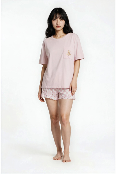 Ecrou Women's Powder Sleepy Tdy Crew Neck Short Sleeve Shorts Pajama Set