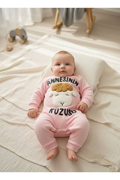 minço bebe Kız Bebek Annesinin Kuzusu Baskılı Pamuklu Patiksiz Pembe Tulum Ye...