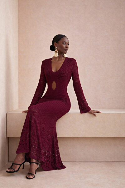 Lijuri Φόρεμα με χαμηλή λαιμόκοψη μπορντό δαντελωτή πλέξη 2835