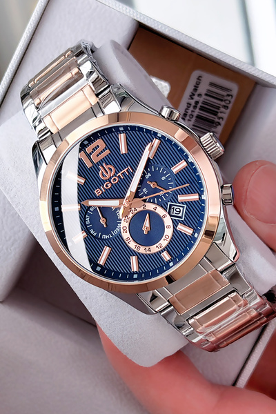 Bigotti ساعة يد رجالية مقاومة للماء 5 ATM مع علبة خاصة، سوار فولاذي بلون فضي ...