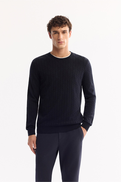 Avva Men's Navy Blue Crew Neck 100% Acrylic Textured Knitwear Regular Fit Swe...