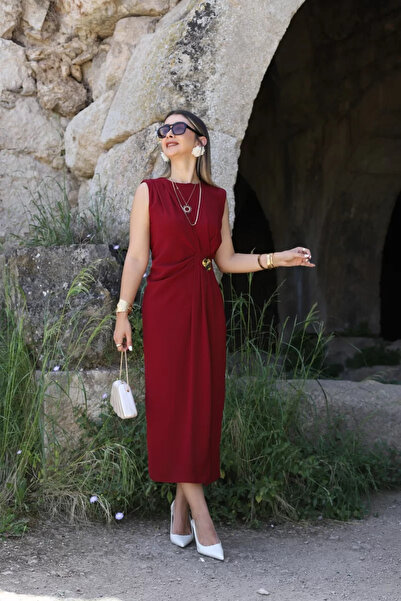 bytugcekaya Bordo Orjin Sıfır Kol Drapeli Tokalı Elbise