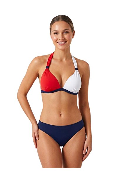 Donnita Navy Blue Red White Color Block Half Supported Halter Neck Bikini Set...