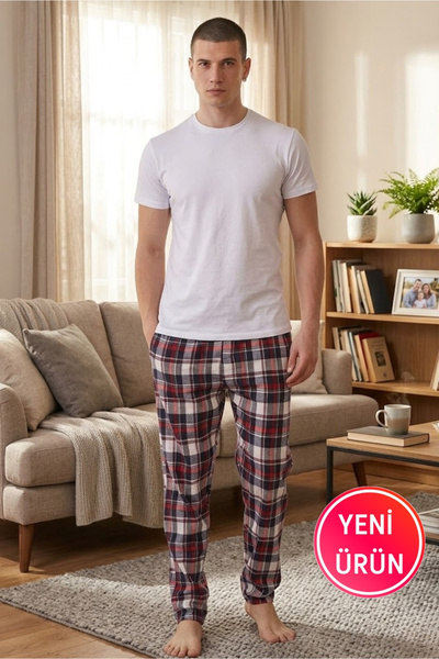 DOFİ Ανδρικό κοντομάνικο καρό σετ πιτζάμες – Λευκό μπλουζάκι, κόκκινο/μαύρο/μ...