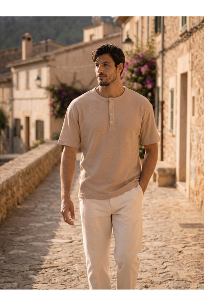 Valiberta Roth Relaxed Fit Casual Henley Collar Waffle Fabric Καλοκαιρινό κον...