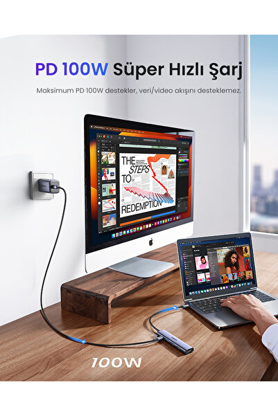 Ugreen Revedok 5 in 1 Type-C Giriş, 3xUSB-A, 1xUSB-C 100W, 4K HDMI, USB Çoklayıcı Dönüştürücü, 15495