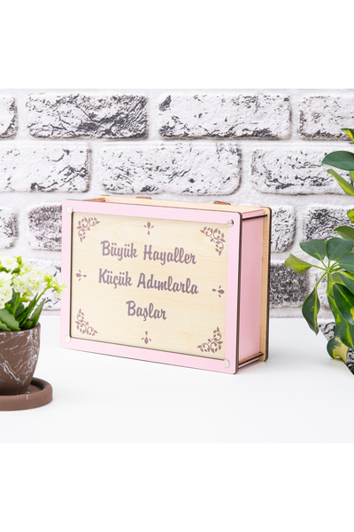 Berenden DeepCraft ParaBox Hedef Kumbarası Pembe-Krem Rengi Ahşap Kilitli