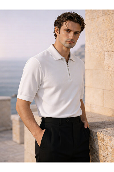 Valiberta Linus Zippered Polo Collar Short Sleeve Slim Knitwear Men's T-Shirt...