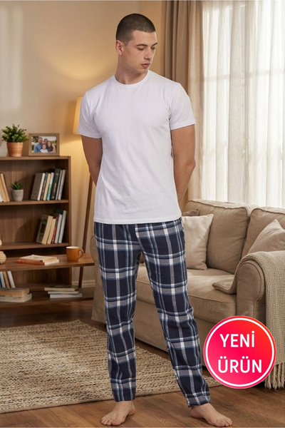 DOFİ Ανδρικό κοντομάνικο καρό σετ πιτζάμες – Λευκό μπλουζάκι, κόκκινο/μαύρο/μ...