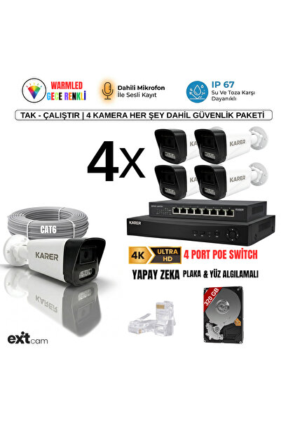 KARER 4'lü IP KAMERA-POELİ-5MP-ULTRA HD-4K 1920 ÇÖZÜNÜRLÜK-SESLİ-GECE RENKLİ ...