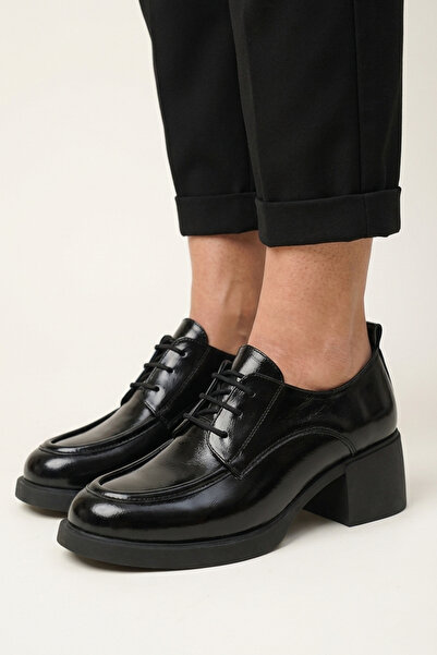 GRADA Siyah Rugan Hakiki Deri Kadın Topuklu Oxford Ayakkabı Bağcıklı Topuklu ...
