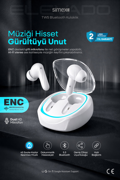 Simex iOS Android Uyumlu - 5.3 Bluetooth Kulakiçi Kulaklık -ENC Gürültü Engel...