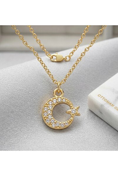 Chono Altın Kaplama Zirkon Taşlı Ay Yıldız Kolye - Minimal Türk Bayrağı Tasar...