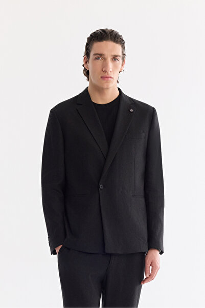 Avva Men's Black Double Breasted Single Button Linen Jacket with Fleto Pocket...