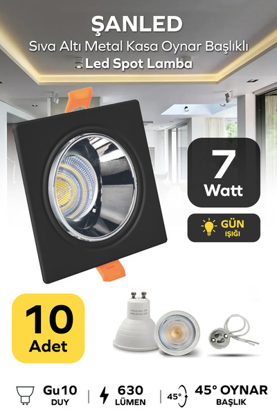 ŞANLED 7w Sıva Altı Oynar Başlık Gu10 Kare Siyah Kasa Gün Işığı Led Spot Lamb...
