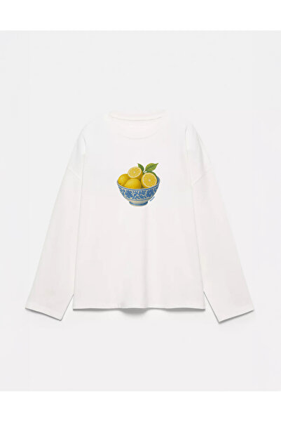 Disante Unisex %100 Pamuk Bisiklet Yaka Oversize Fit Lemon Baskılı Uzun Kollu...