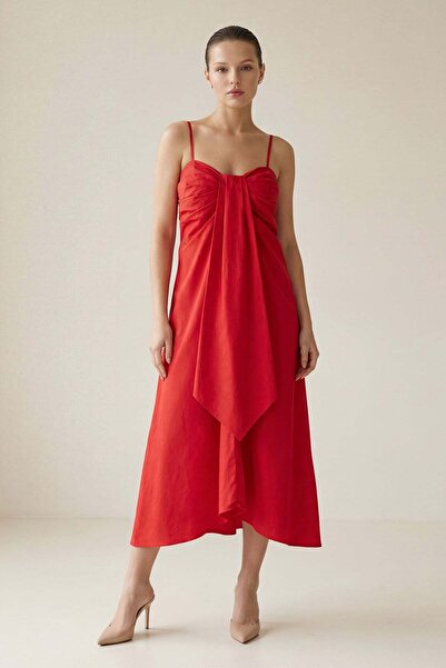 Setre Kırmızı %100 Pamuk Yaka Detaylı Rahat Kesim Elbise