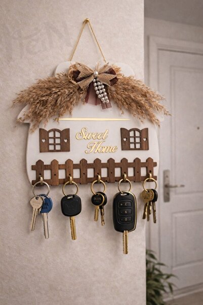 HeiN Sweet Home Yazılı Ahşap Anahtar Askılığı Duvar Askılı Anahtarlık (ANNELE...
