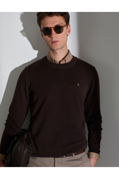 Pierre Cardin Dark Brown Slim Fit Crew Neck Basic Sweater 50314192-Vr084